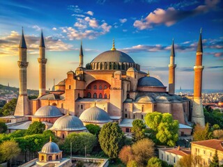 Fototapeta premium Grand Hagia Sophia Exterior in Istanbul with Byzantine Architecture and Minaret