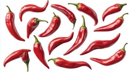 Red chili peppers arranged on a white background.