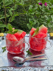 Watermelon dessert on an iron tray