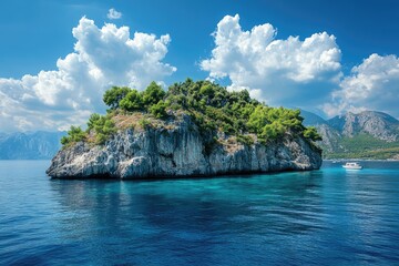 Fototapeta premium Small green island emerging from the sea with mountains in the background