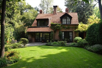 Charming stone house with tile roof nestled in lush garden setting