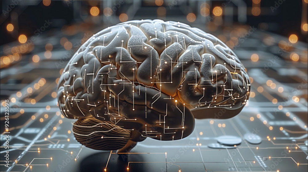 Poster a 3d human brain composed of various computer data elements and symbols, with intricate networks of 