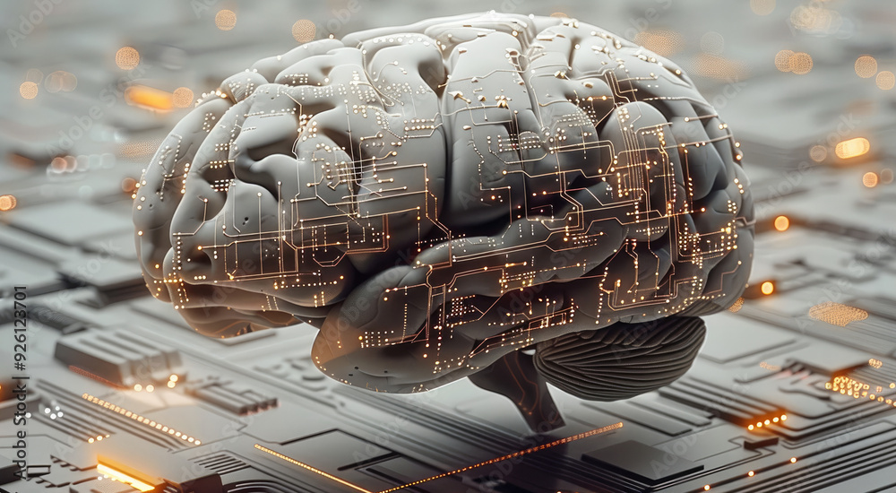 Aufkleber a 3d human brain composed of various computer data elements and symbols, with intricate networks of 