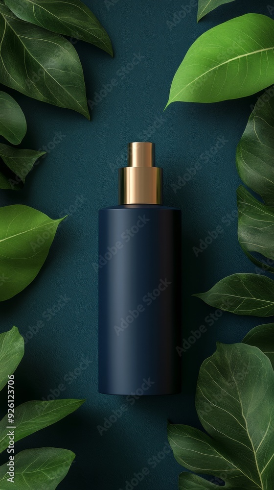 Wall mural a bottle of perfume is surrounded by green leaves