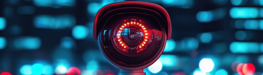 modern security camera with red lights on a blurred urban background, symbolizing surveillance and safety.