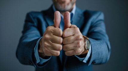 A close-up of a businessman in a suit giving a double thumbs up gesture, symbolizing approval and confidence.