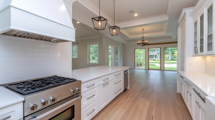 A kitchen with white cabinets and a stove top oven, AI