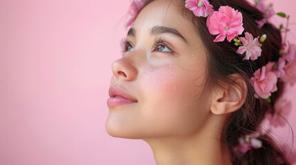 Young girl with floral crown gazing upward against a pink background during daylight