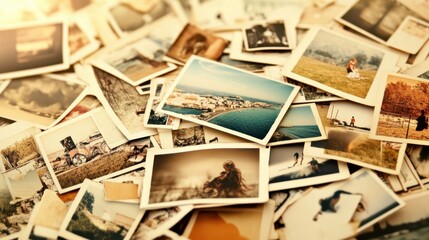 A pile of old photographs with a variety of themes and subjects