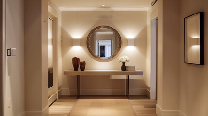 an inviting entryway with a sleek console table, large mirror, and built-in storage. soft lighting, and a few carefully chosen decorative items to set a modern tone, home interior design 