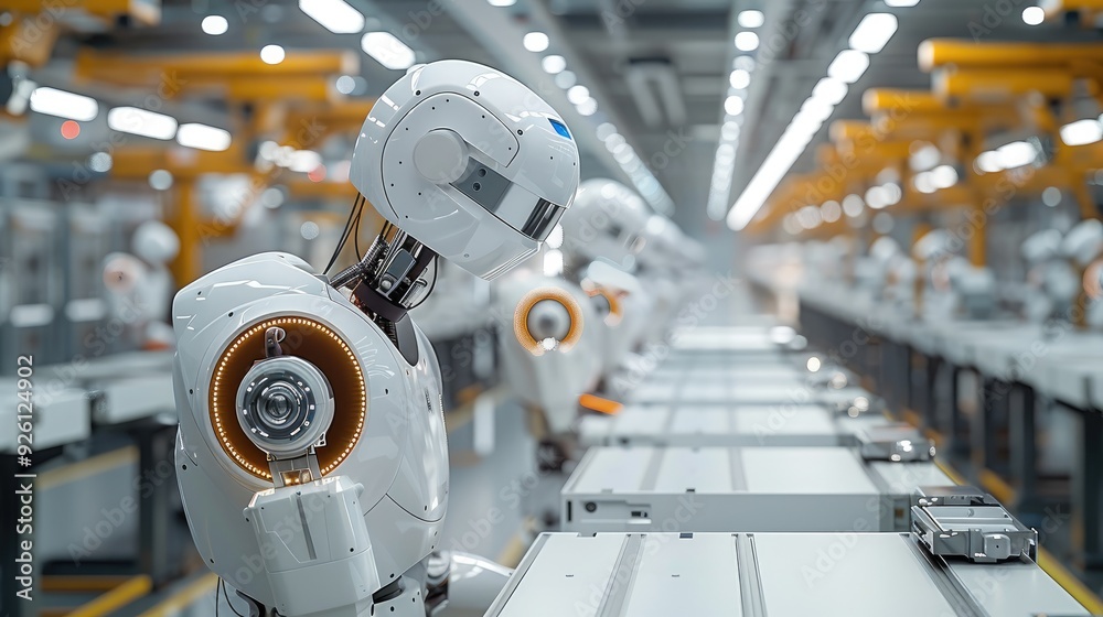 Poster A robotic assembly line in a modern factory, with AI systems overseeing the production process. Generative AI.