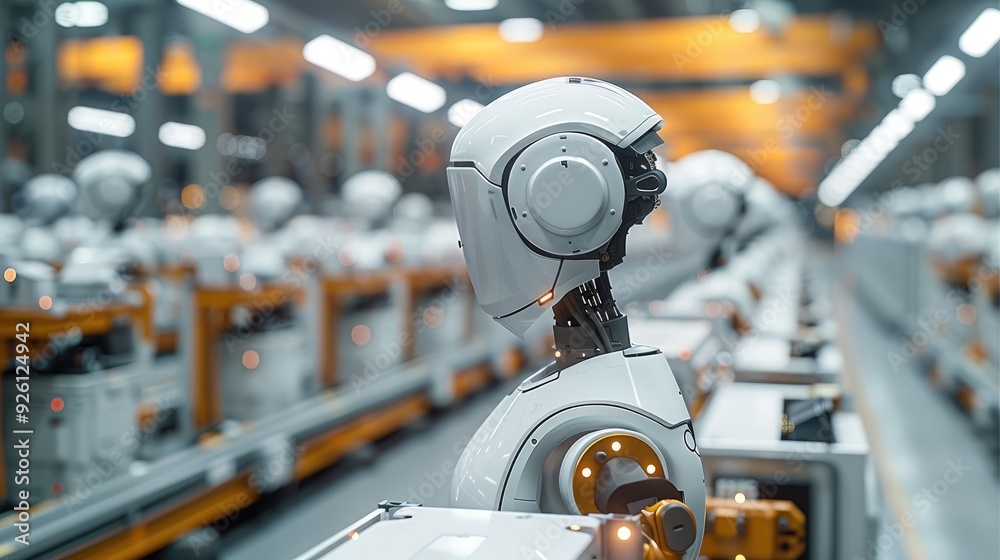 Poster A robotic assembly line in a modern factory, with AI systems overseeing the production process. Generative AI.
