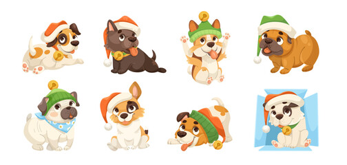 The image shows eight adorable puppies wearing festive hats, posing in various playful positions on a white background. Concept of holiday cheer with pets. Vector illustration