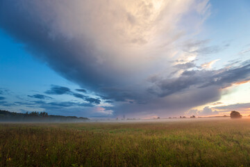 A large cloud is looming over a field of grass