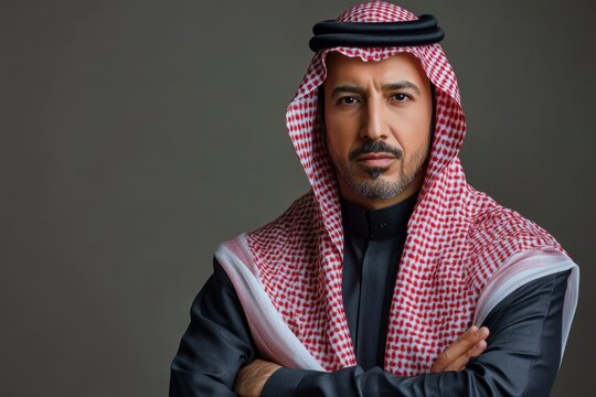 Handsome arab middle-eastern saudi arabian man with traditional saudi clothing in studio - Arabic muslim adult male businessman wearing thwab portrait isolated on gray background with generative ai