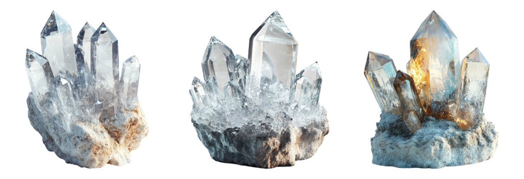Crystal quartz mineral set isolated on transparent background