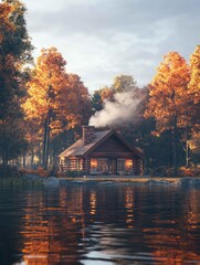 Fototapeta premium Serene Lakeside Cabin in Autumn with Rustic Tranquility