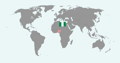 Pin map with Nigeria flag on world map. Vector illustration.