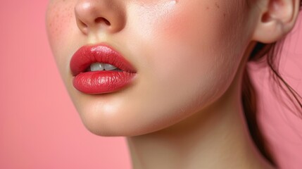 Obraz premium Close-up of a model with glossy pink lips against a soft pastel background during a makeup session