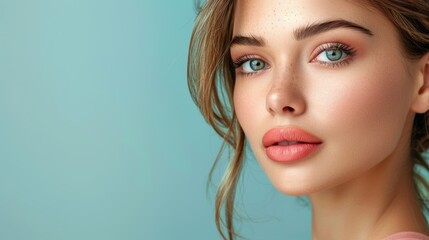 Naklejka premium Young woman with blue eyes and soft features poses against a light blue background during a beauty photoshoot
