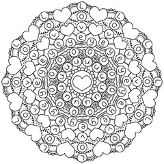 love you, mandala with letters in the form of a card for Valentine's Day, coloring page for a holiday activity