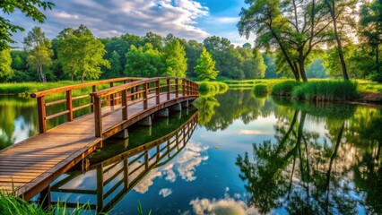 Wooden bridge stretching over calm lake surrounded by lush greenery, wooden, bridge, lake, water, nature, green, trees