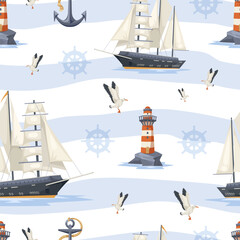 Seamless pattern featuring sailing ships, lighthouses, seagulls against a light blue and white wavy background. Nautical elements such as anchors and ship wheels are also present. Vector illustration © GN.STUDIO