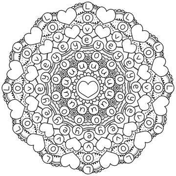 love you, mandala with letters in the form of a card for Valentine's Day, coloring page for a holiday activity