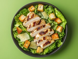 A fresh salad topped with grilled chicken, croutons, and cheese on a green background.