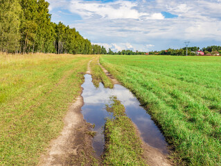 A road is wet and muddy, with a reflection of the sky in the water