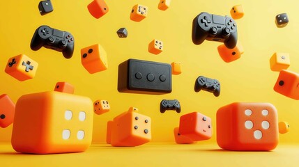 Futuristic 3D Video Game Console with Floating Controllers and Game Elements for Immersive Gaming Experience