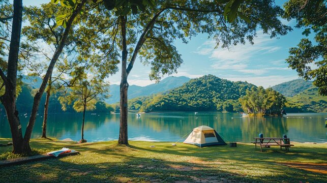 Camping picnic green tent campground in outdoor park lake, camper while campsite in mountain and lake nature background at summer trip camp