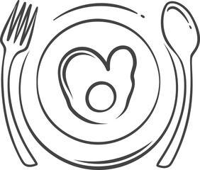 Breakfast menu icon, restaurant or cafe retro logo design. Funny doodle top view of serving plate with fried egg, fork and spoon for eating. Hand drawn breakfast food order icon vector illustration