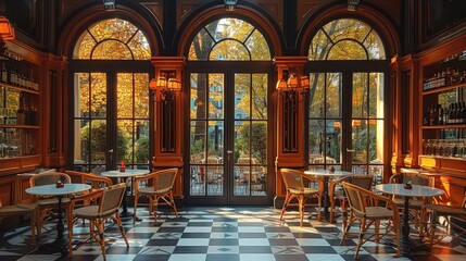 The front entrance to an elegant cafe, with arched windows and checkered floors. The interior is filled with wicker chairs around tables set under autumn-colored trees outside. Generative AI.