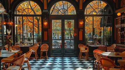 The front entrance to an elegant cafe, with arched windows and checkered floors. The interior is filled with wicker chairs around tables set under autumn-colored trees outside. Generative AI.