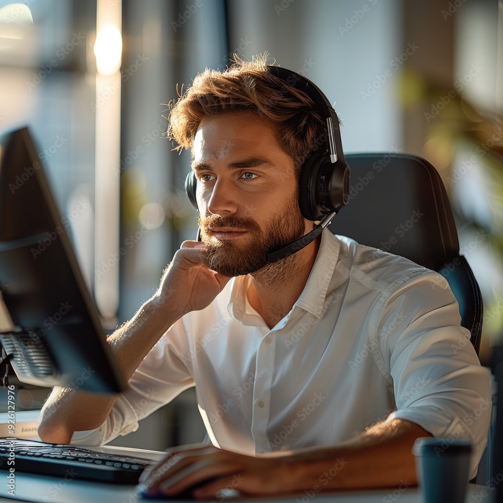 Sticker A male customer service employer sitting behind his desk in a office calling with a customer. Generative AI.