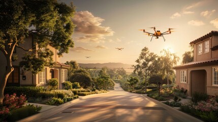 Obraz premium A drone flies over a street with houses on either side