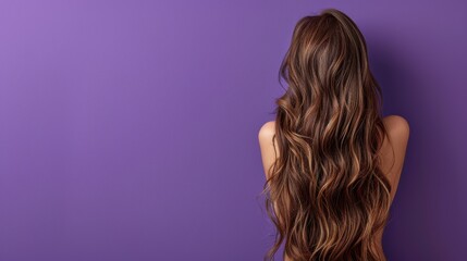 Fototapeta premium Woman with long wavy hair standing against a purple wall in a casual pose