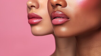 Close-up of two women showcasing diverse beauty with soft pink lips against a pastel background
