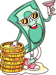 Groovy banknote cartoon character with golden coins and champagne glass. Funny retro paper money with sunglasses, golden win mascot, cartoon cash currency sticker of 70s 80s style vector illustration © Victoria Sergeeva