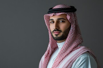 Handsome arab middle-eastern saudi arabian man with traditional saudi clothing in studio - Arabic muslim adult male businessman wearing thwab portrait isolated on gray background with generative ai