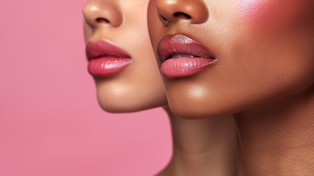 Close-up of two women showcasing diverse beauty with soft pink lips against a pastel background