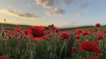 A sprawling meadow adorned with brilliant red poppies, contrasted by a clear blue sky, showcasing the splendor of nature and the serenity of rural life.