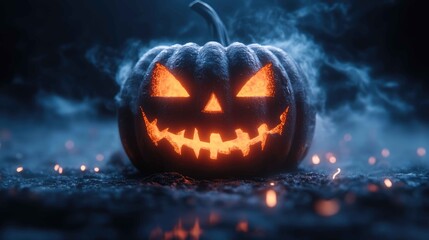 Naklejka premium Sinister 3D Jack-o'-Lantern with Swirling Fog and Full Moon - Classic Halloween Spooky Scene