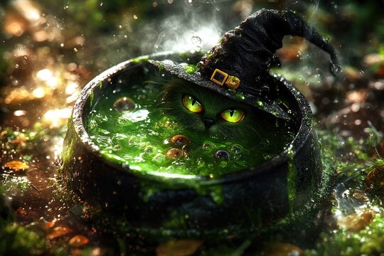 Bewitching 3D Cauldron Overflowing with Bubbling Potion and Mysterious Ingredients, Magical Witchcraft Concept