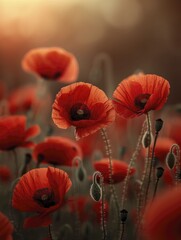 Fototapeta premium The backdrop features poppies in full bloom, highlighting the vivid red petals set against a gentle, blurred background that creates a breathtaking visual impact.