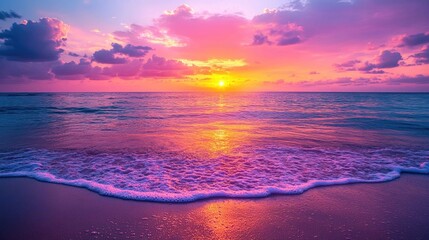 Tranquil Sunset at Coastal Beach with Vibrant Orange and Pink Sky Reflections