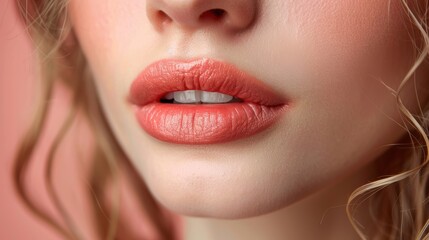 Close-up of woman’s lips with soft coral lipstick against a pastel background