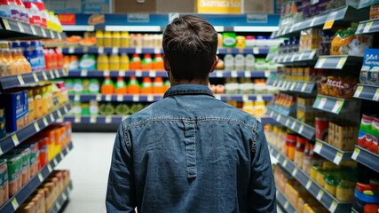 Young man shopping in a grocery store aisle filled with colorful products, back view of a shopper walking among shelves with goods
