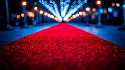 A dazzling red carpet unfurls under a canopy of twinkling lights, inviting stars to shine bright.